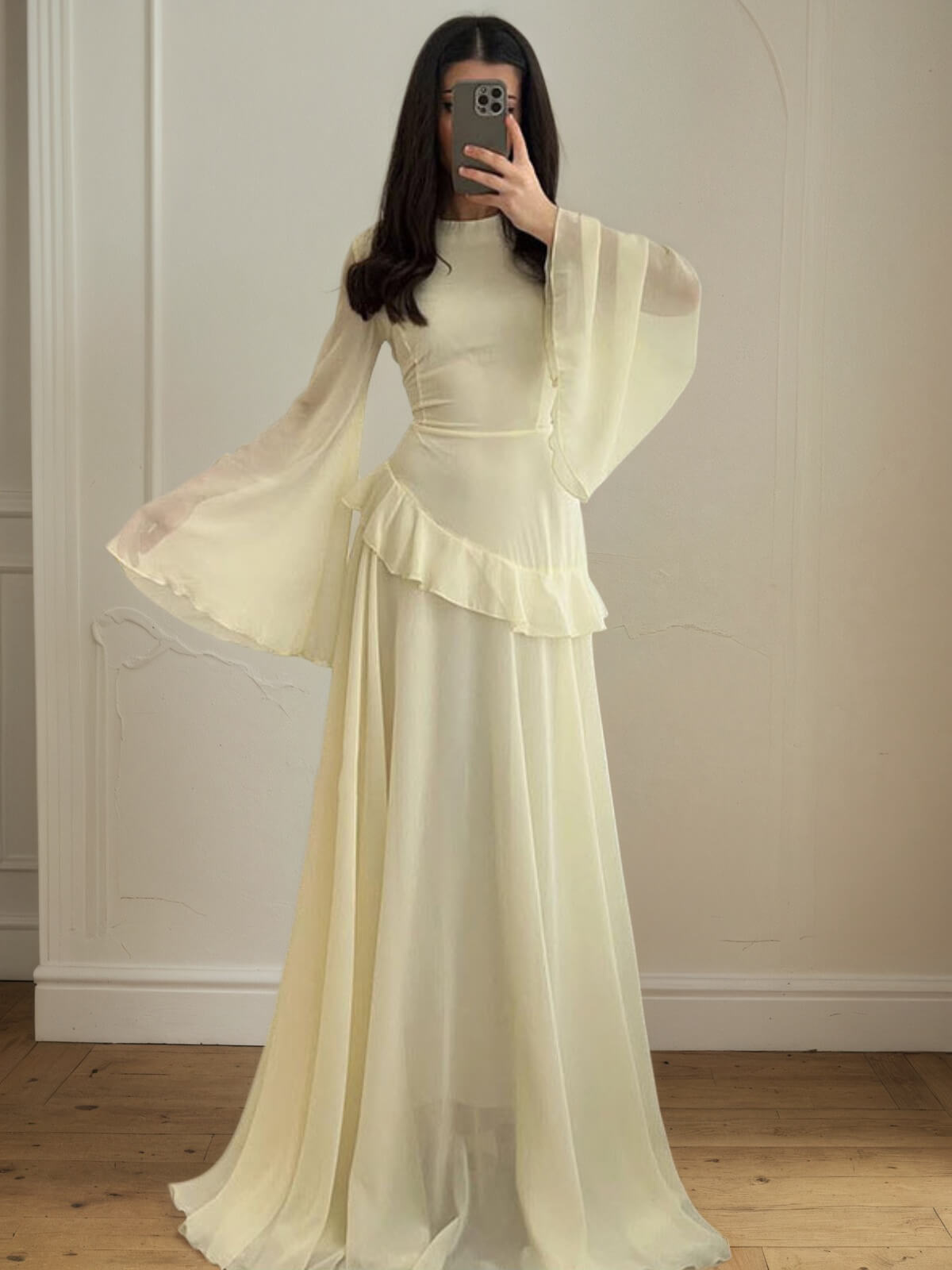Cinched-Waist Bell‑Sleeve Ruffle Maxi Dress