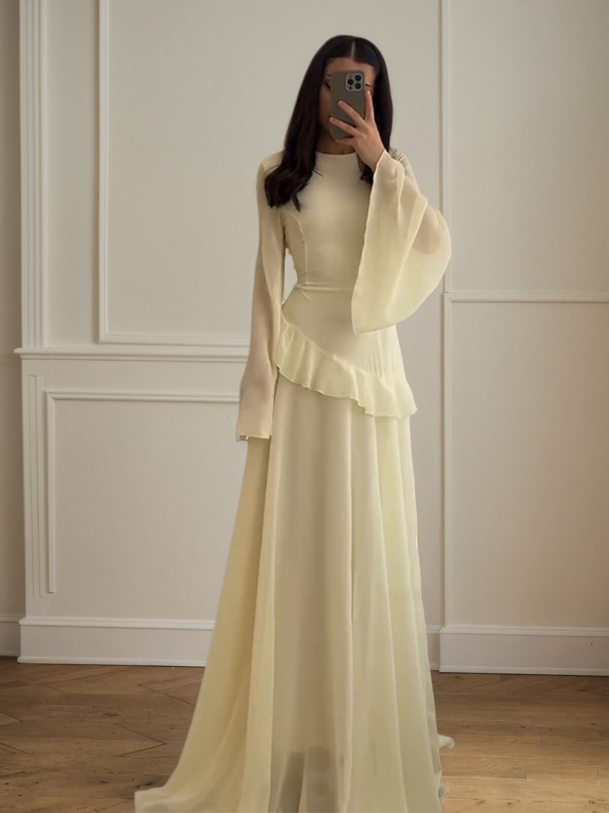 Cinched-Waist Bell‑Sleeve Ruffle Maxi Dress