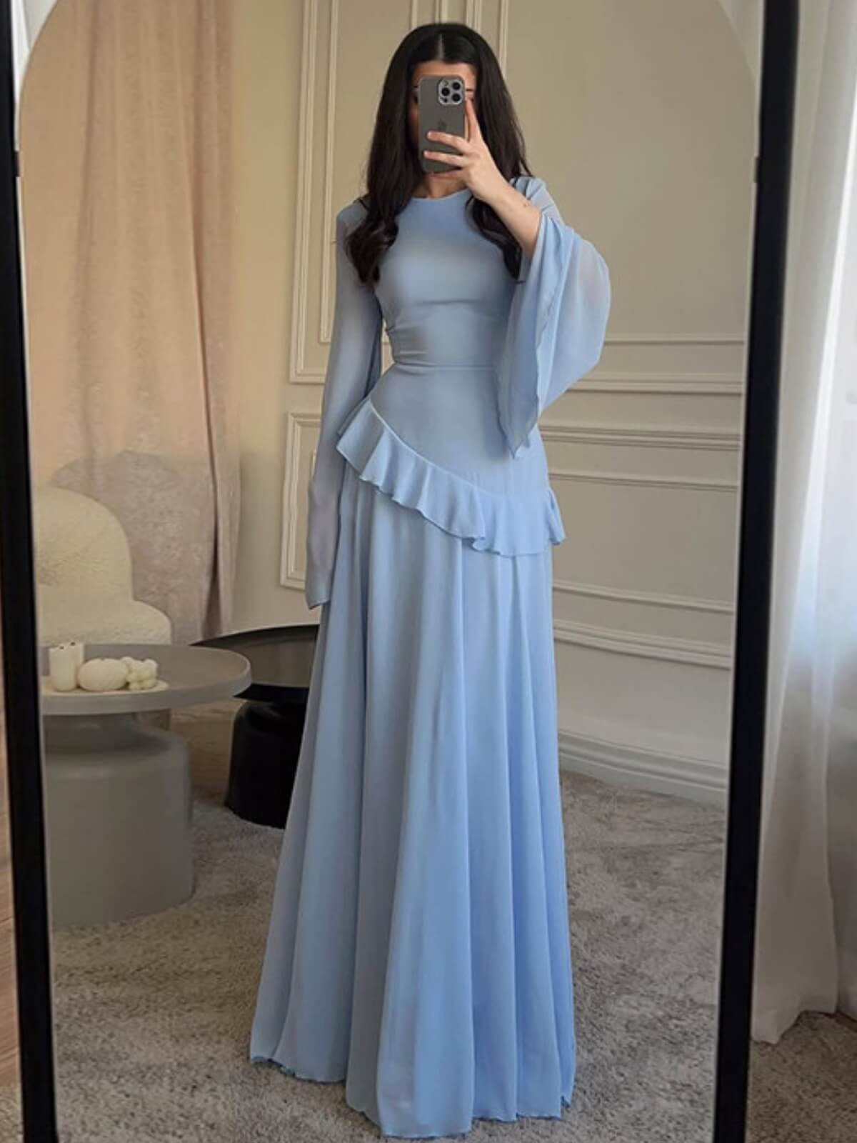 Cinched-Waist Bell‑Sleeve Ruffle Maxi Dress