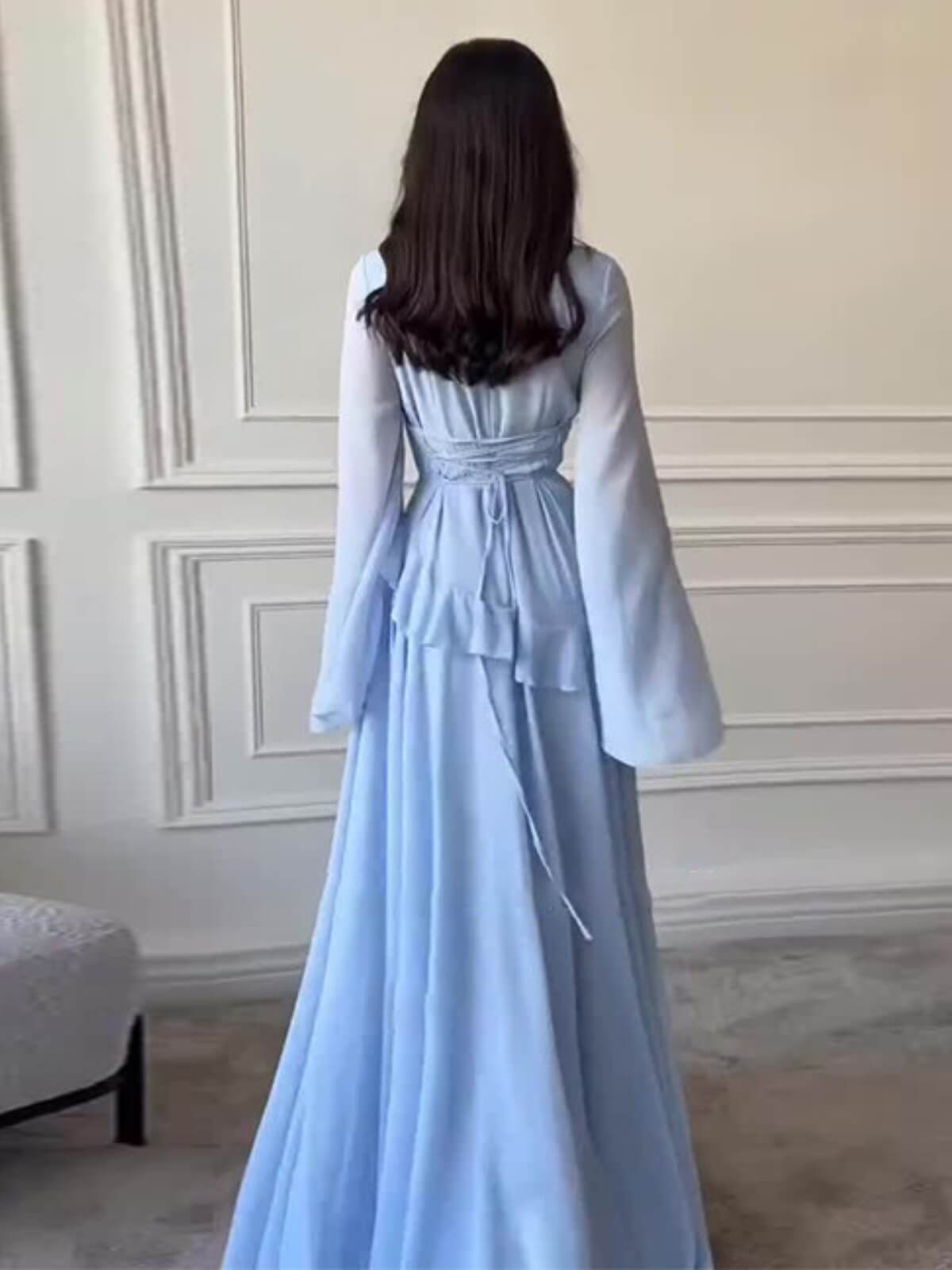 Cinched-Waist Bell‑Sleeve Ruffle Maxi Dress