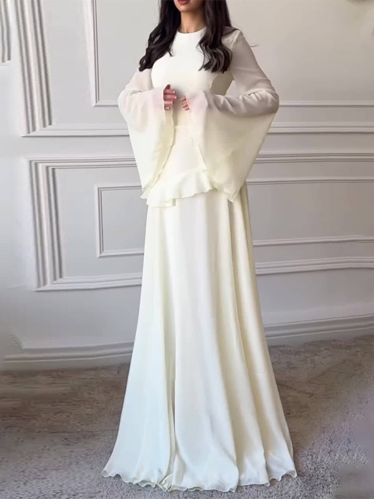 Cinched-Waist Bell‑Sleeve Ruffle Maxi Dress