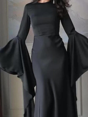 Aurohaya Elegant White Lace-Up Flare Sleeve Maxi Dress