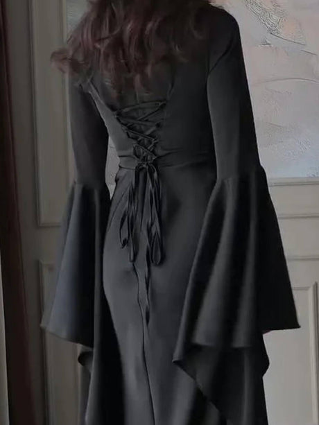 Aurohaya Elegant White Lace-Up Flare Sleeve Maxi Dress