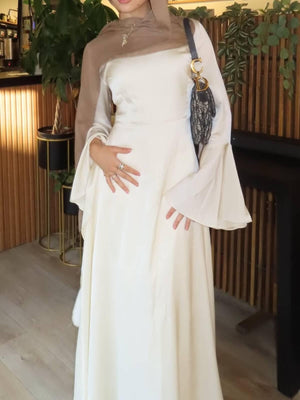 Aurohaya Elegant White Lace-Up Flare Sleeve Maxi Dress