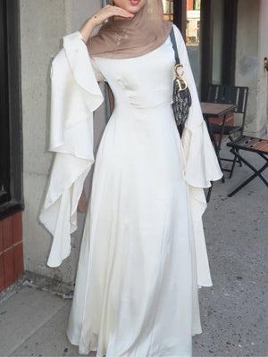 Aurohaya Elegant White Lace-Up Flare Sleeve Maxi Dress