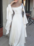 Elegant White Lace-Up Flare Sleeve Maxi Dress