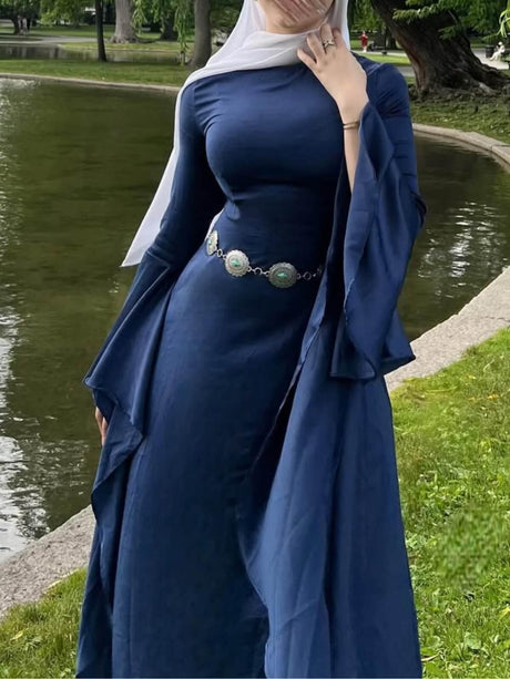 Aurohaya Elegant White Lace-Up Flare Sleeve Maxi Dress