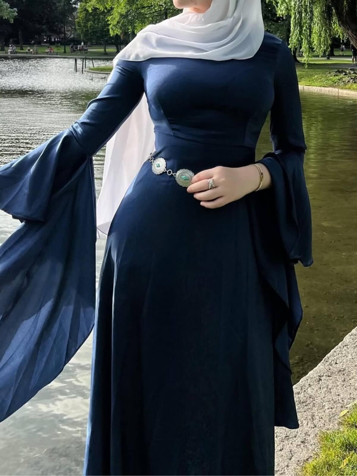 Aurohaya Elegant White Lace-Up Flare Sleeve Maxi Dress Navy