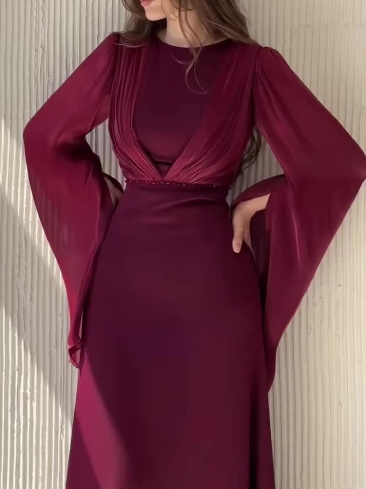 Aurohaya Round Neck Split Long Sleeve Maxi Dress, DES116