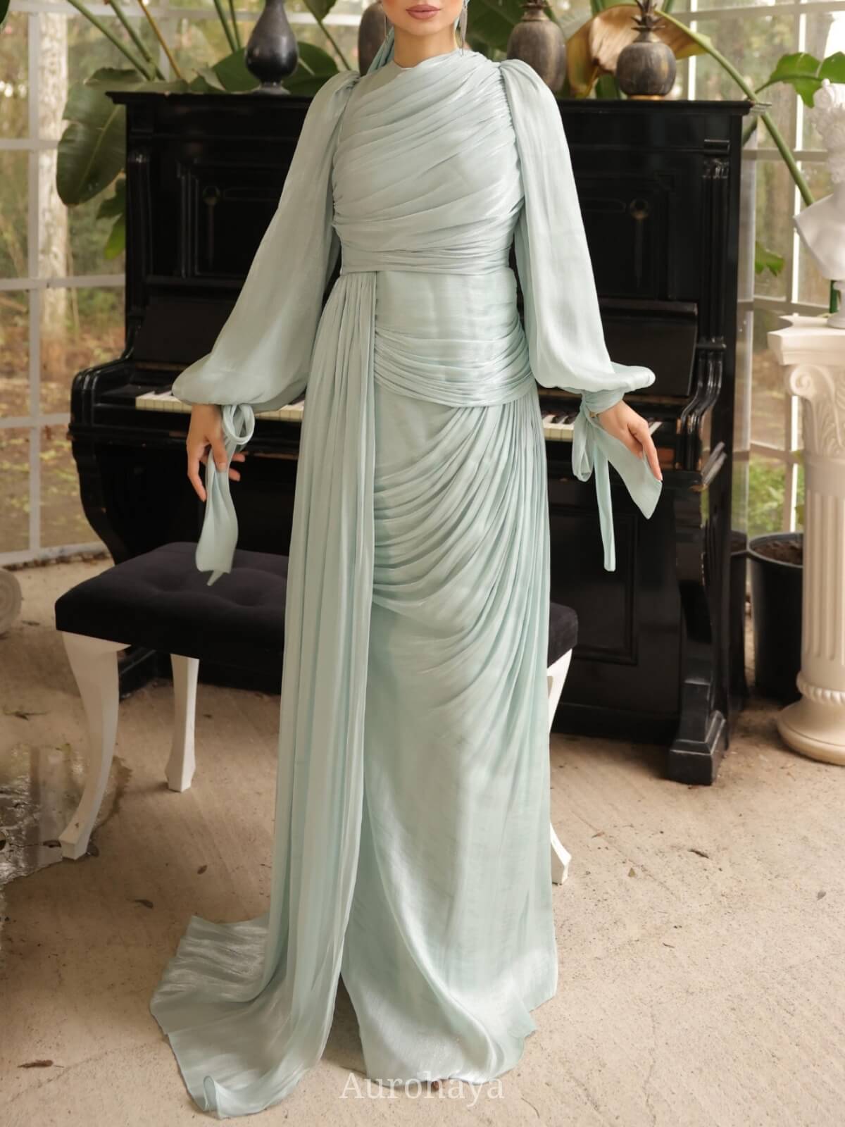 Ruched Lantern Sleeve Maxi Dress