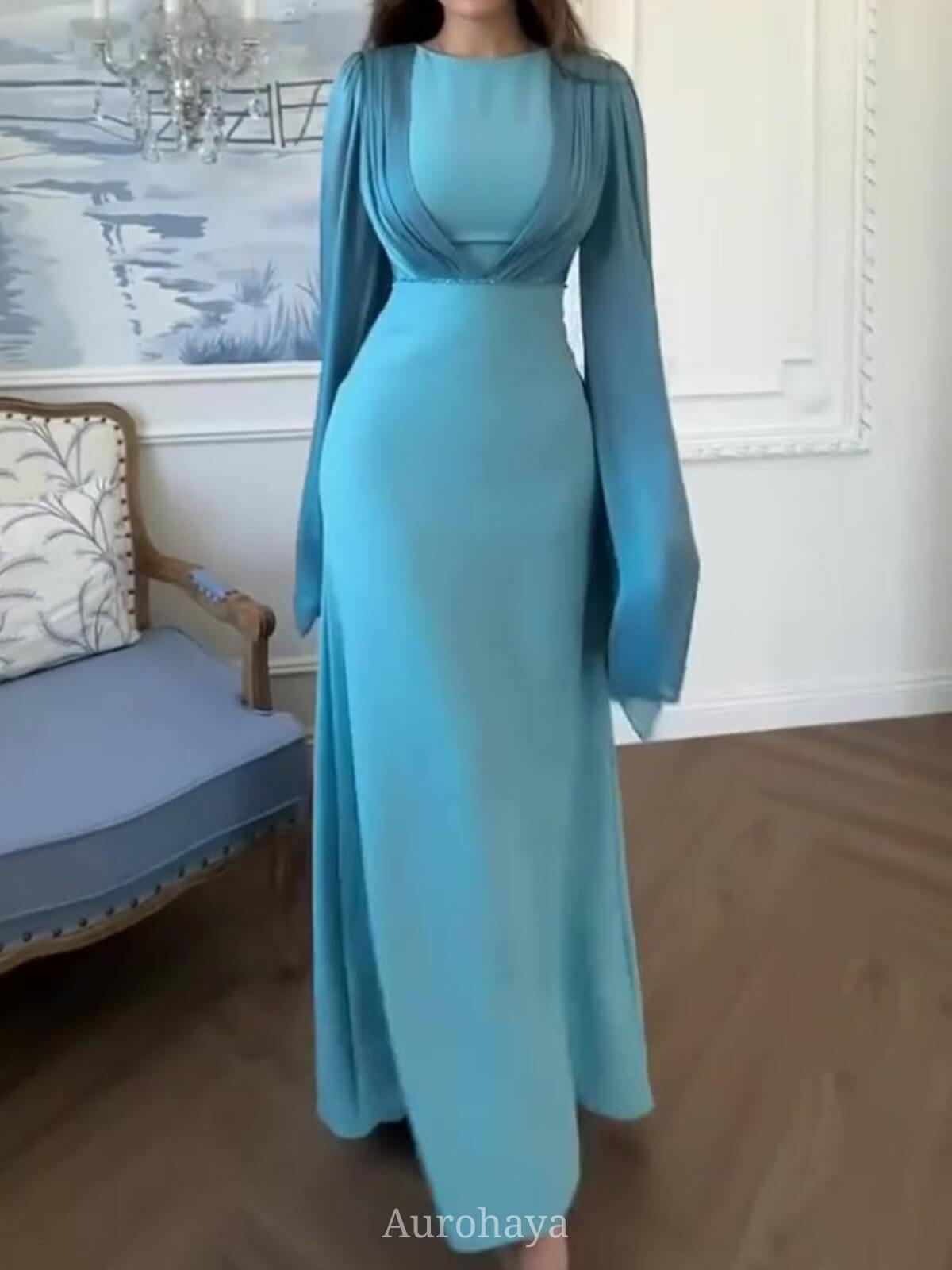 Round Neck Split Long Sleeve Maxi Dress, DES116