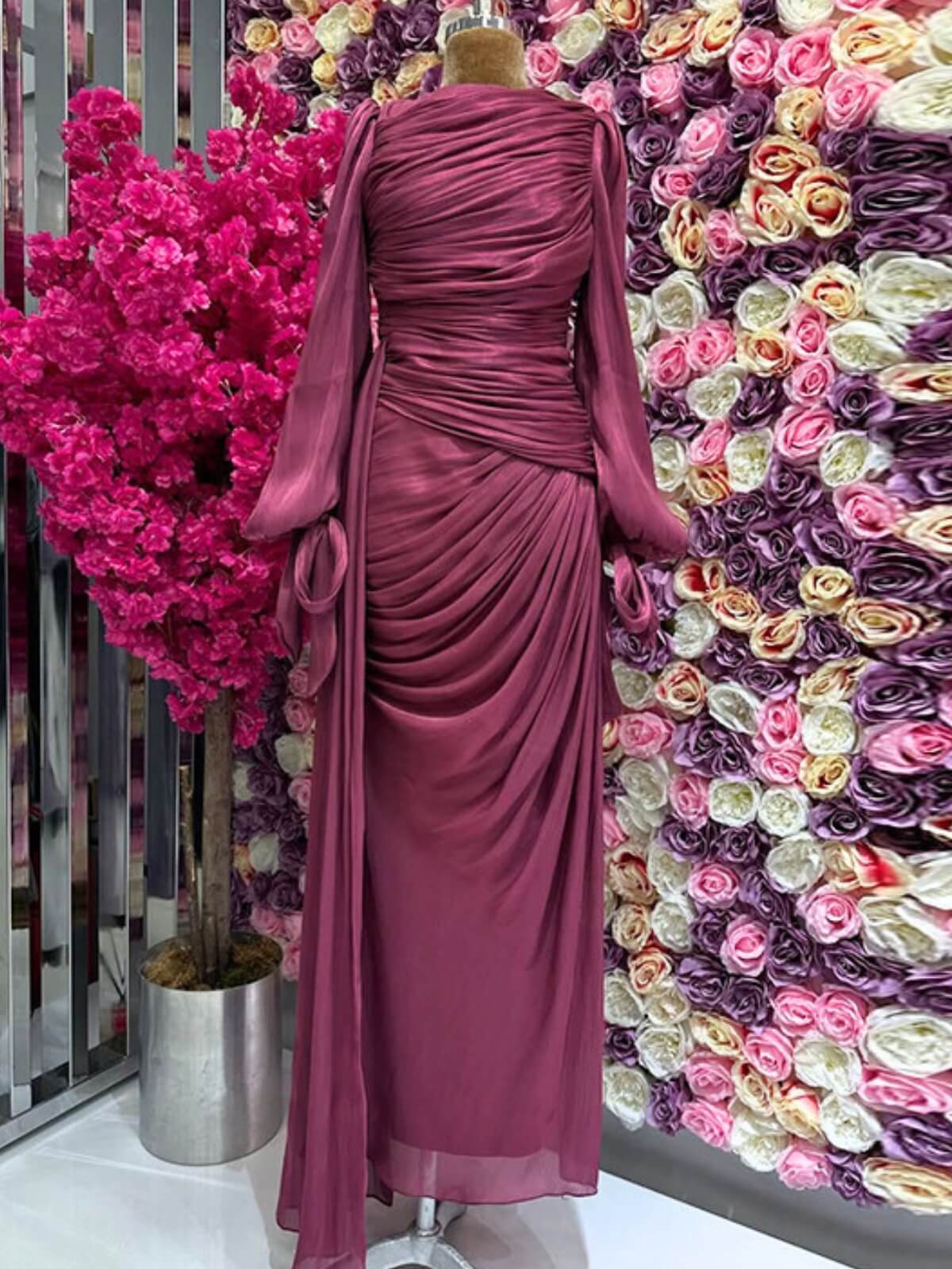 Ruched Lantern Sleeve Maxi Dress