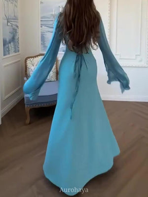 Aurohaya Round Neck Split Long Sleeve Maxi Dress, DES116