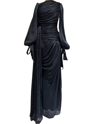 Aurohaya Ruched Lantern Sleeve Maxi Dress Black
