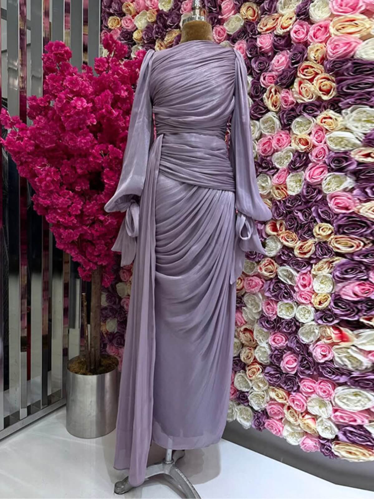 Ruched Lantern Sleeve Maxi Dress