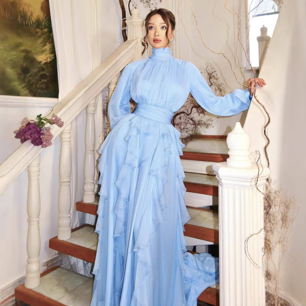 High Collar Lantern Sleeve Ruffle Dress