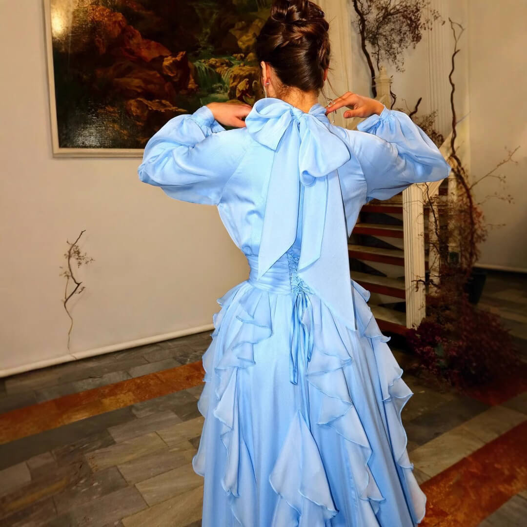 High Collar Lantern Sleeve Ruffle Dress