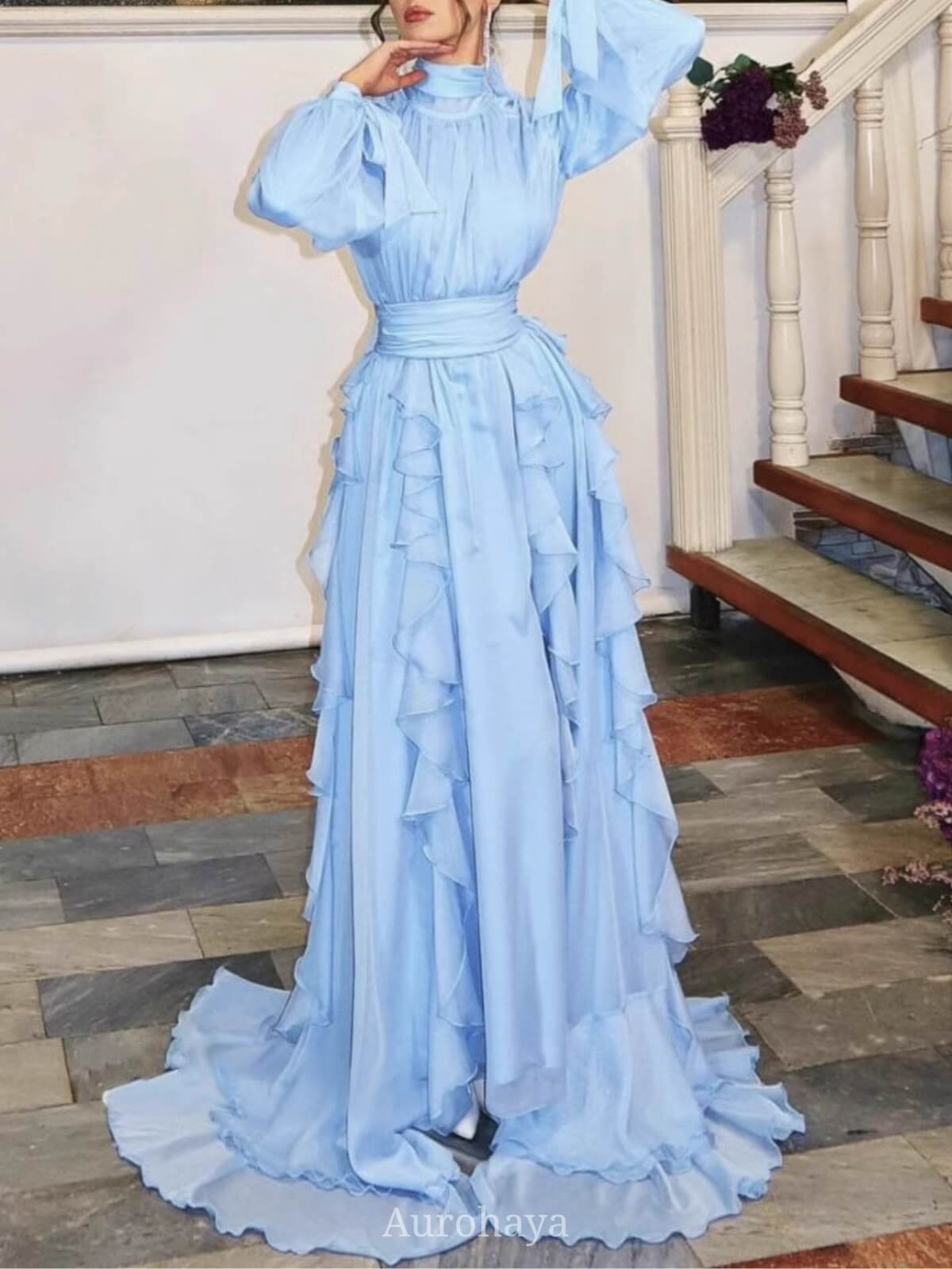 High Collar Lantern Sleeve Ruffle Dress