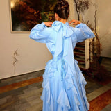 High Collar Lantern Sleeve Ruffle Dress