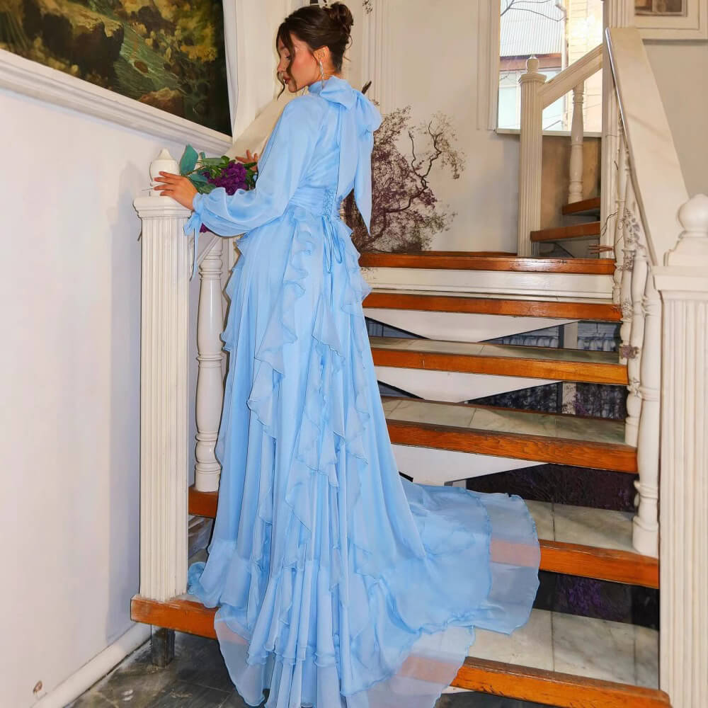 High Collar Lantern Sleeve Ruffle Dress