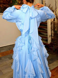 High Collar Lantern Sleeve Ruffle Dress