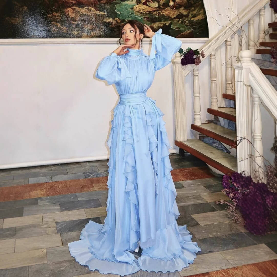 High Collar Lantern Sleeve Ruffle Dress