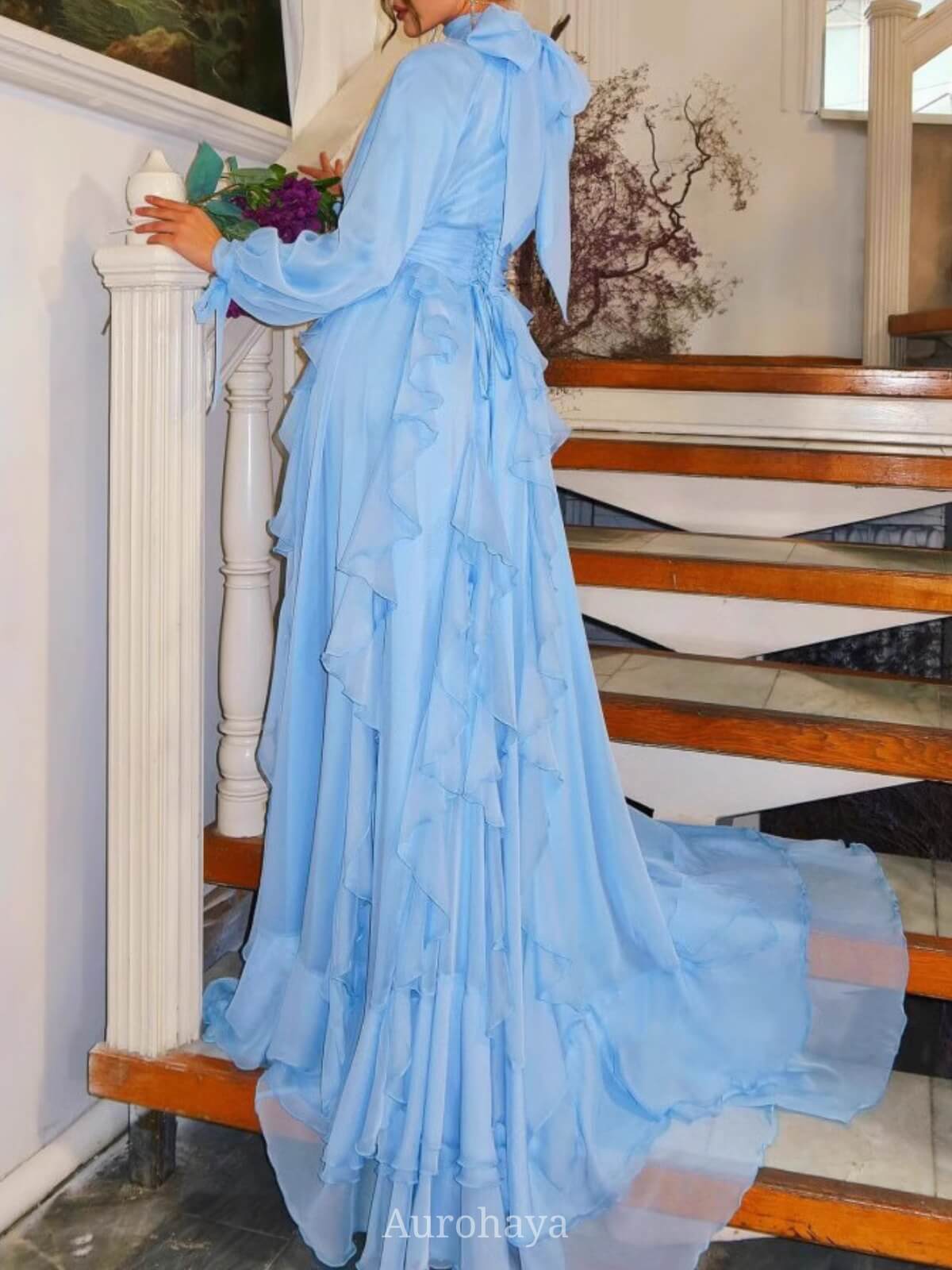 High Collar Lantern Sleeve Ruffle Dress