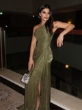 One-Shoulder Satin Wedding Ball Gown Maxi Dress