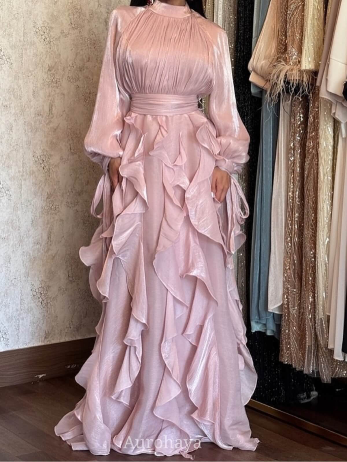 Solid Color Round Neck Temperament Wave Dress