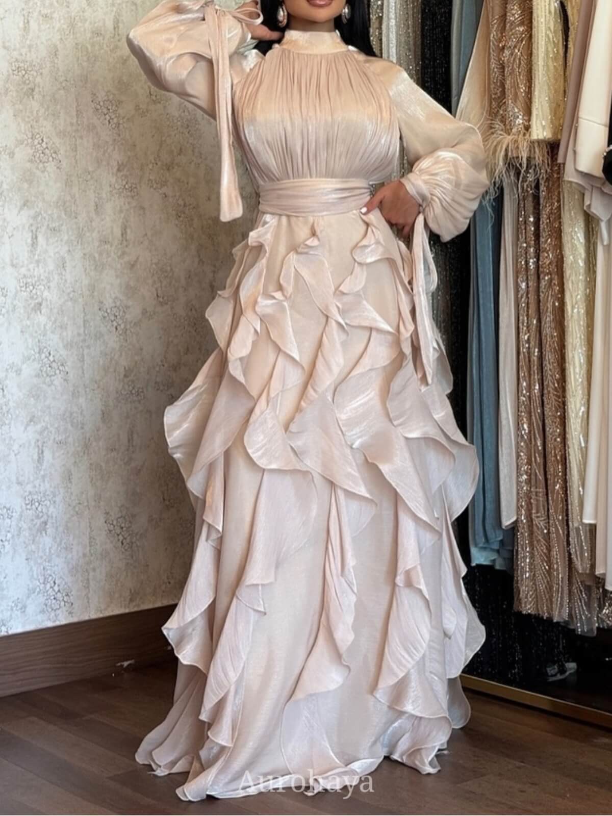 Solid Color Round Neck Temperament Wave Dress