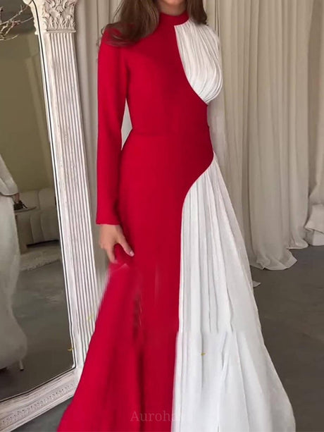 Aurohaya Ladies Round Neck Vintage Dress Red