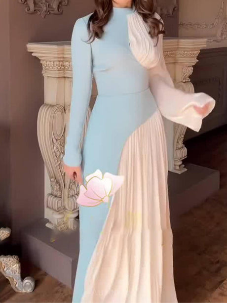 Aurohaya Ladies Round Neck Vintage Dress Blue