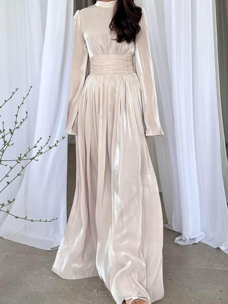 Aurohaya High Waisted French Round Neck Waist Ruffle Dress Apricot