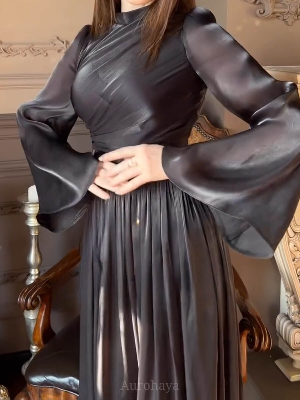 High-Neck Pleated Cinched-Waist Maxi Gown