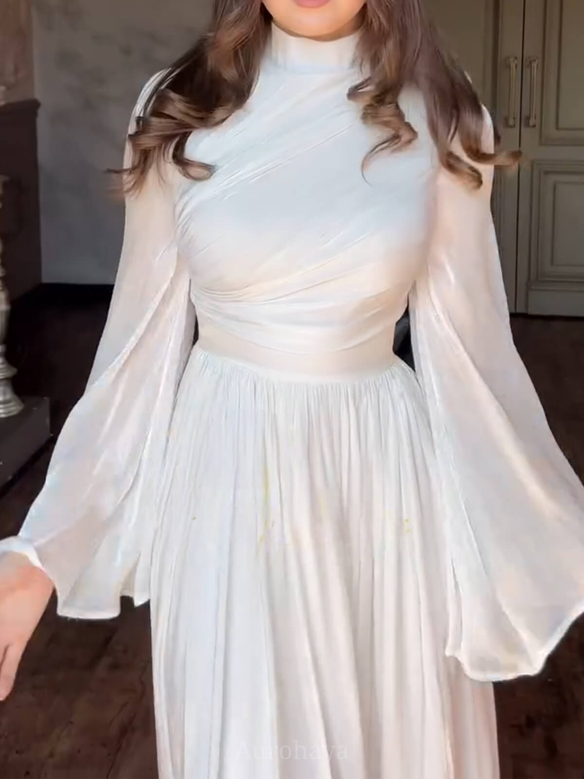High-Neck Pleated Cinched-Waist Maxi Gown