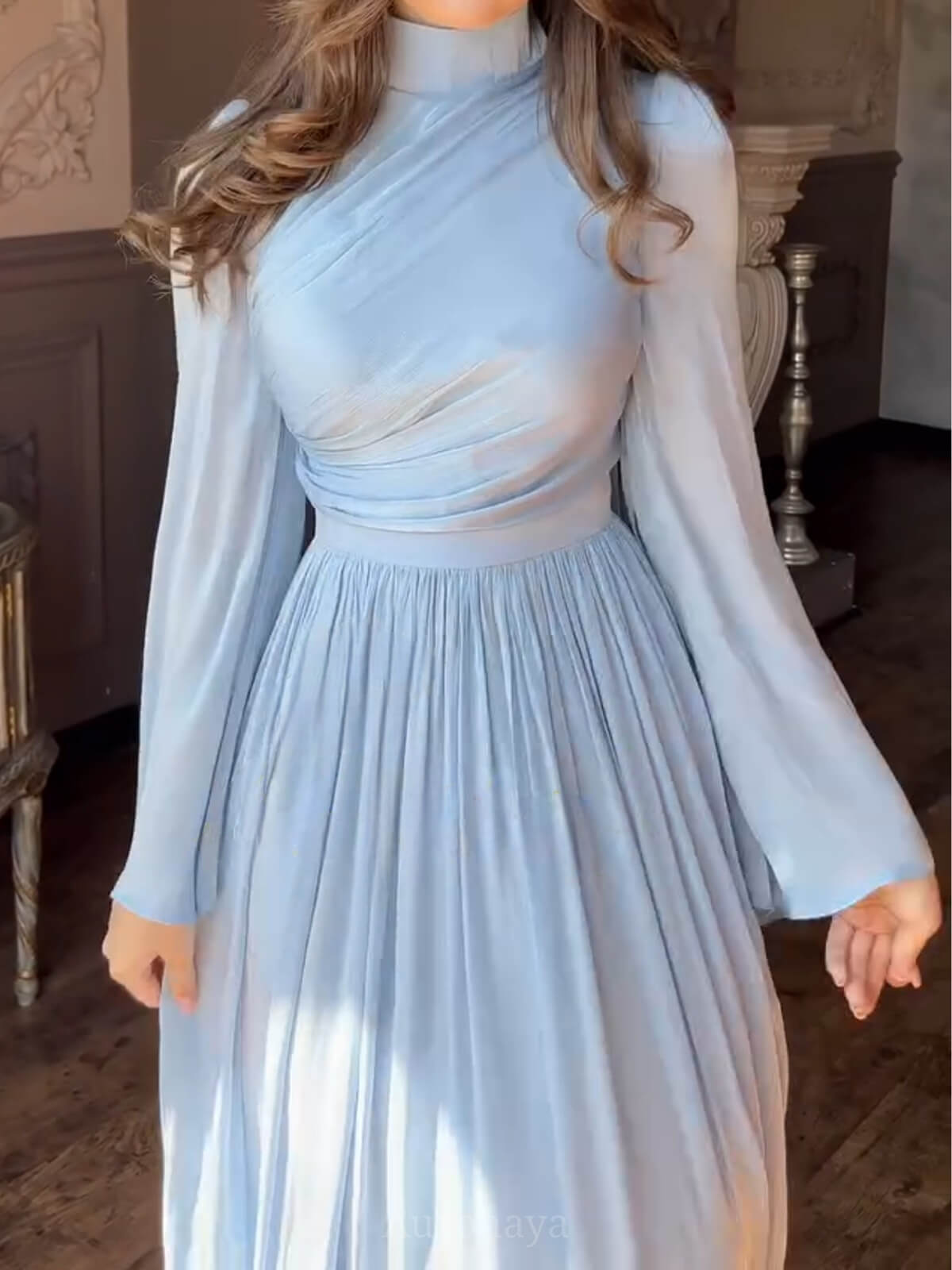 High-Neck Pleated Cinched-Waist Maxi Gown
