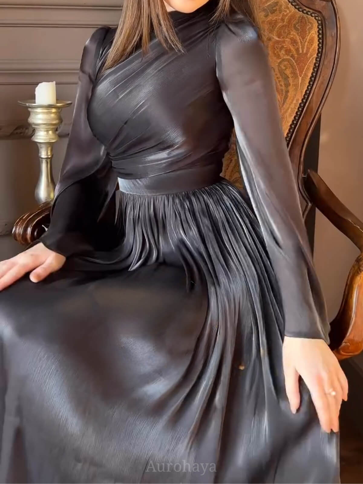 High-Neck Pleated Cinched-Waist Maxi Gown