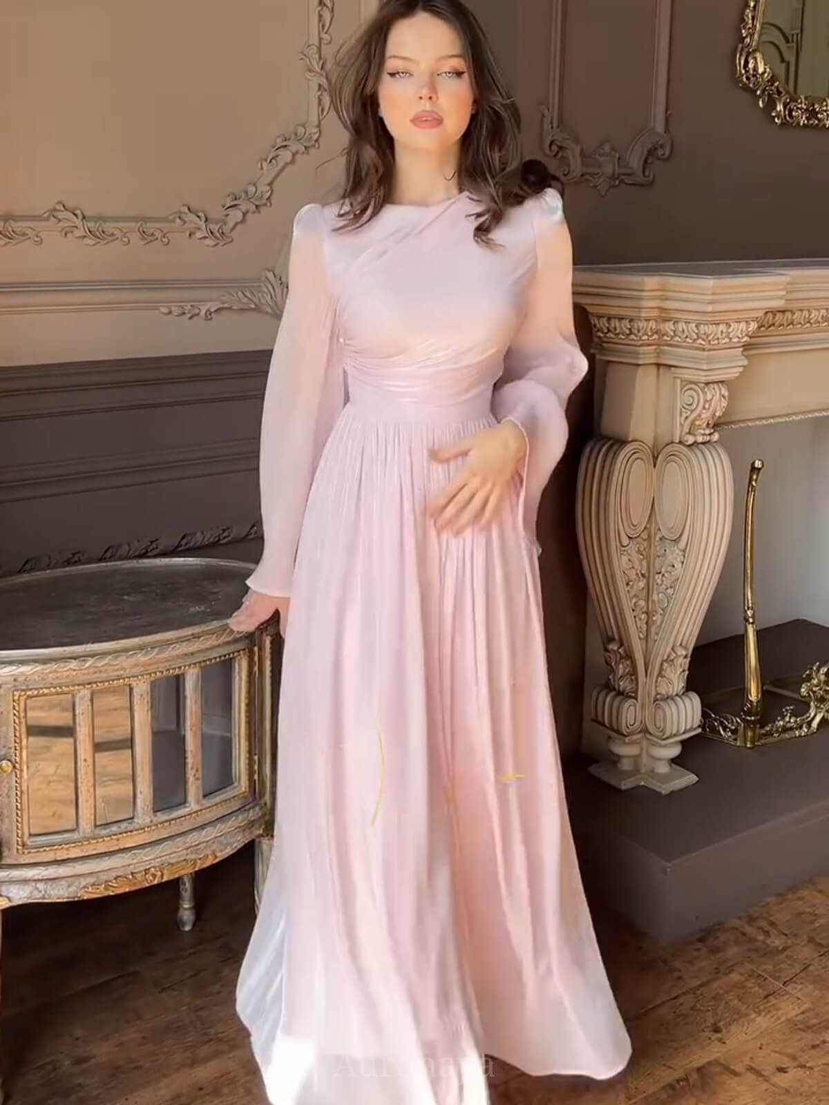 High-Neck Pleated Cinched-Waist Maxi Gown