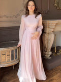 High-Neck Pleated Cinched-Waist Maxi Gown