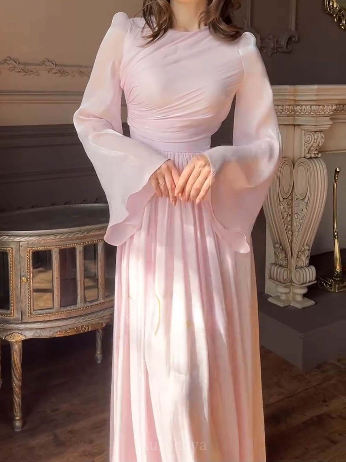 High-Neck Pleated Cinched-Waist Maxi Gown