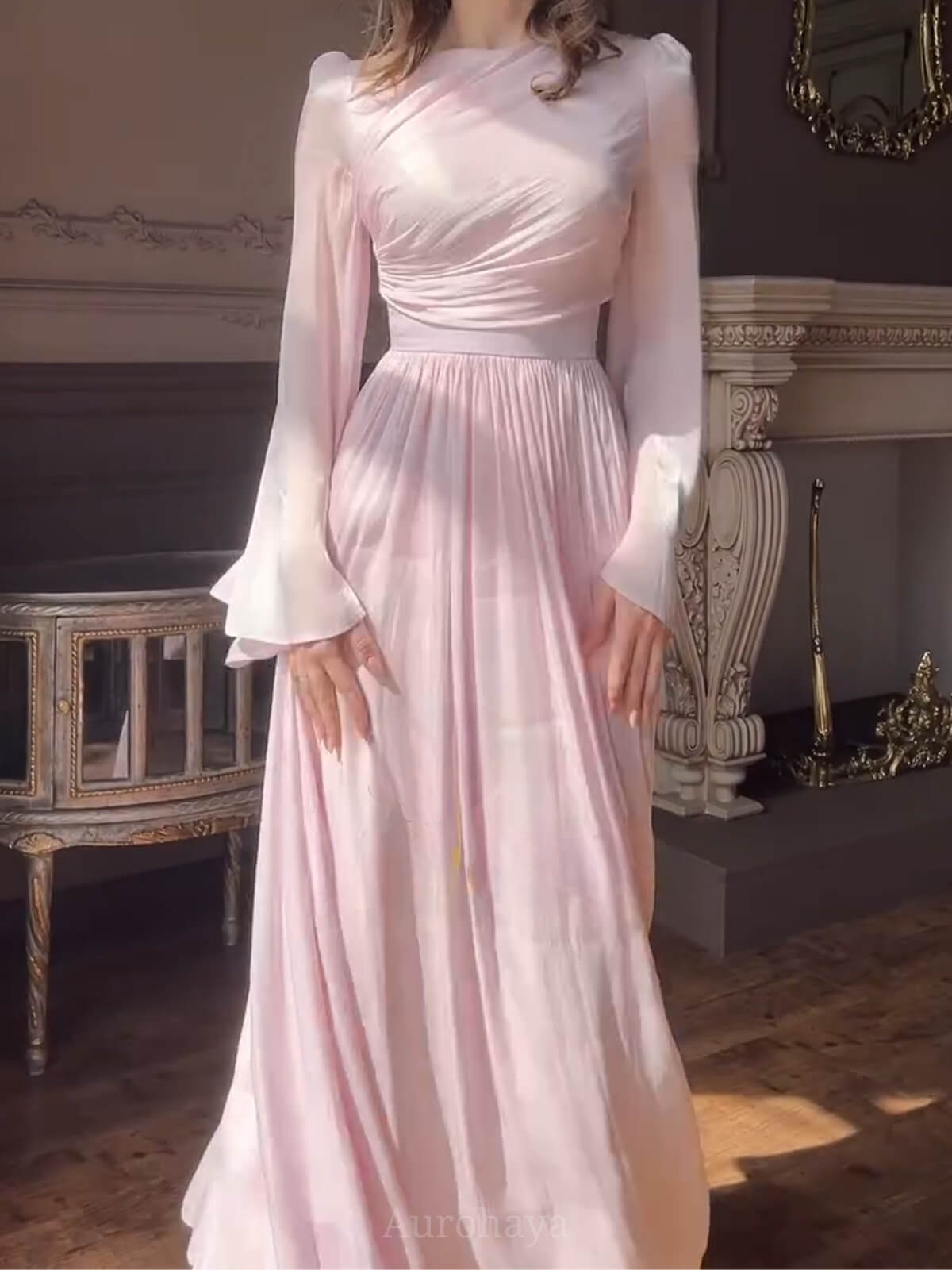 High-Neck Pleated Cinched-Waist Maxi Gown