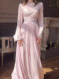High-Neck Pleated Cinched-Waist Maxi Gown