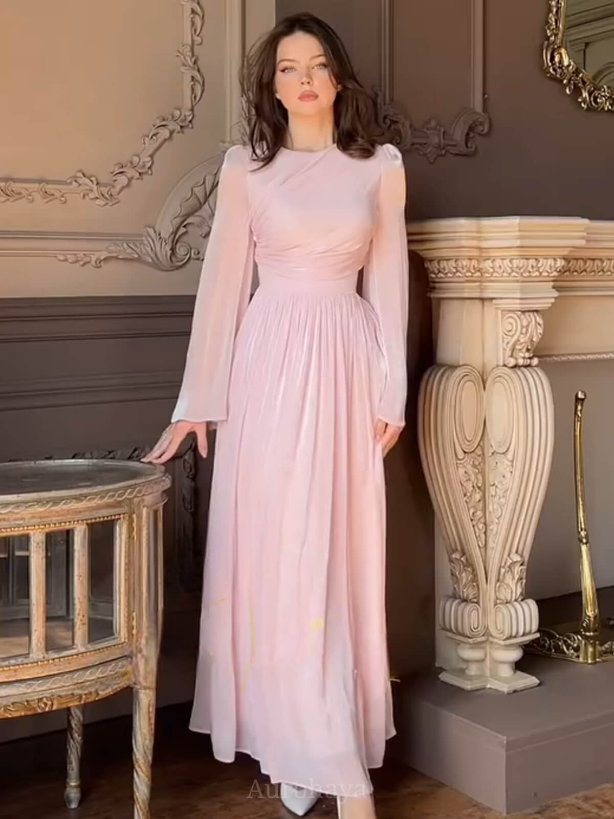 High-Neck Pleated Cinched-Waist Maxi Gown