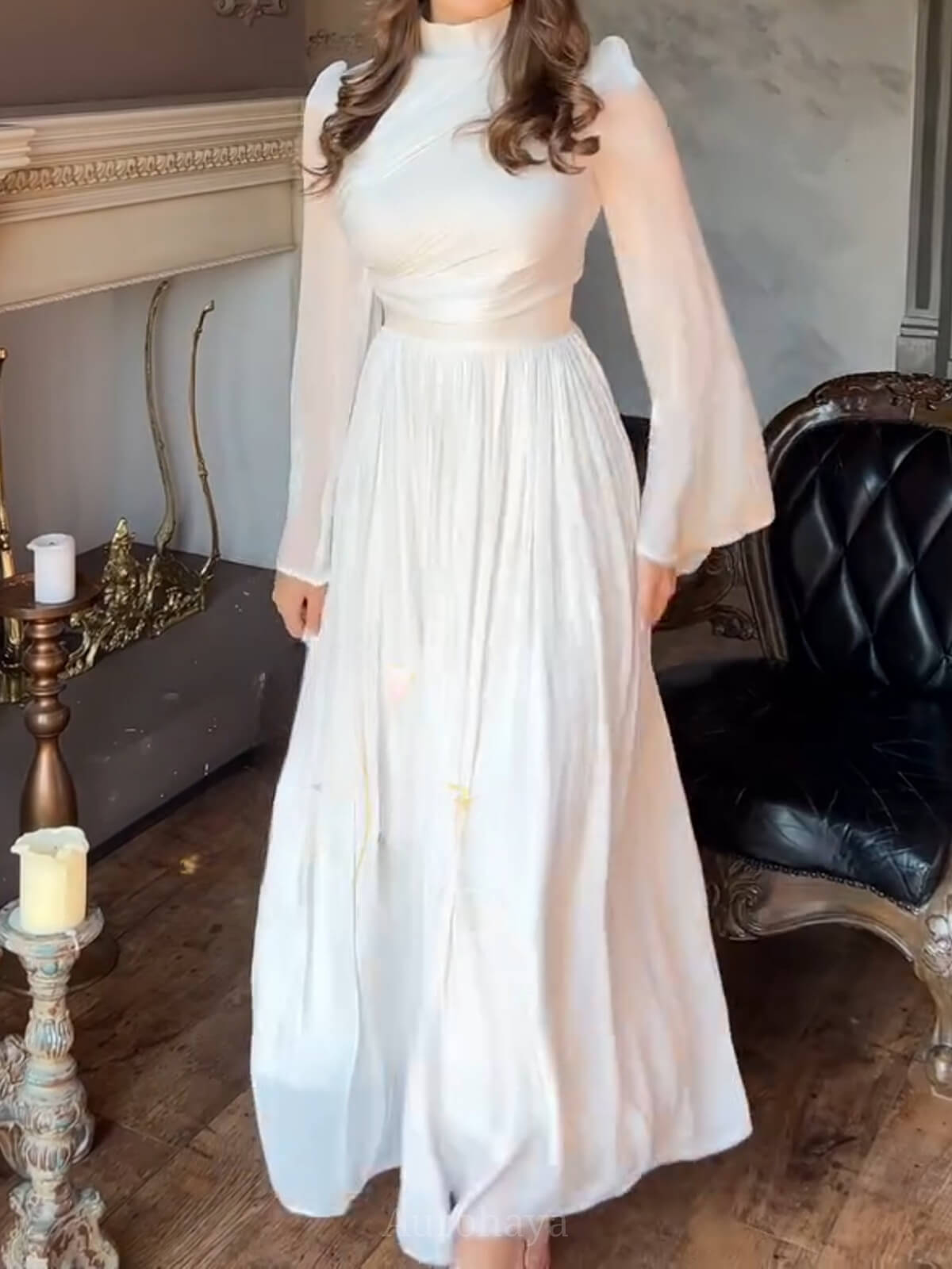 High-Neck Pleated Cinched-Waist Maxi Gown