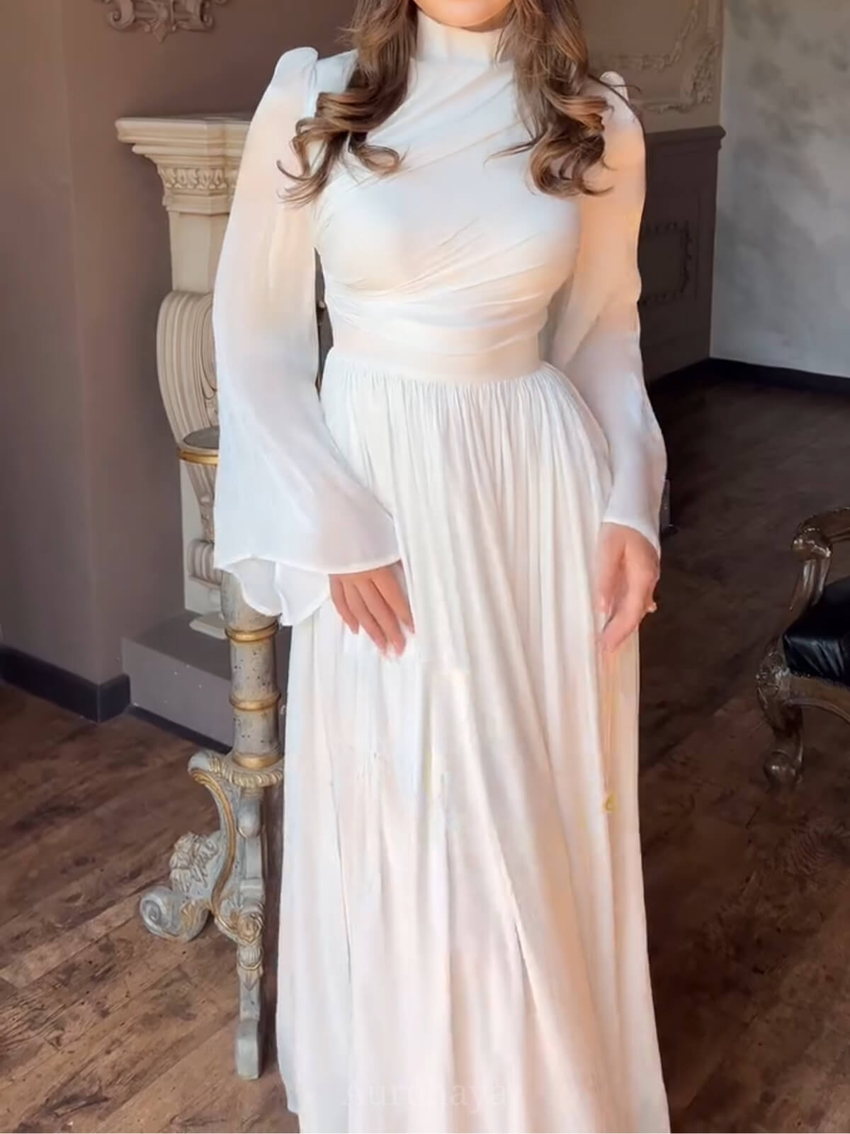 High-Neck Pleated Cinched-Waist Maxi Gown