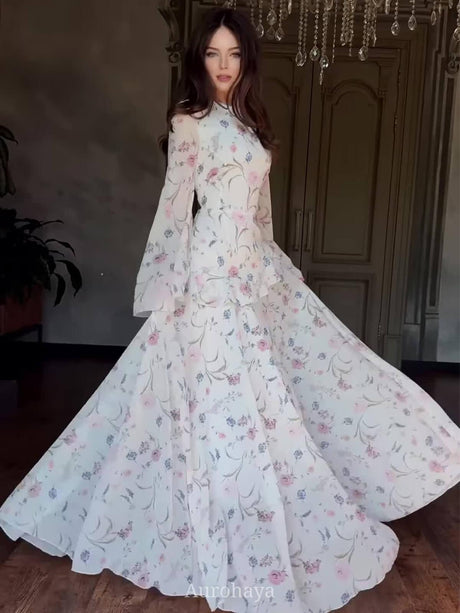 Aurohaya High Neck Bell Sleeve Floral Maxi Dress
