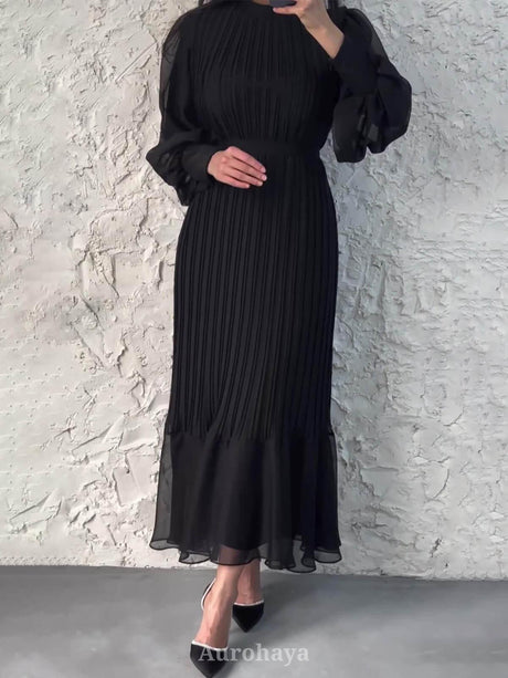 Aurohaya Solid Chiffon Pleated Maxi Dress Black