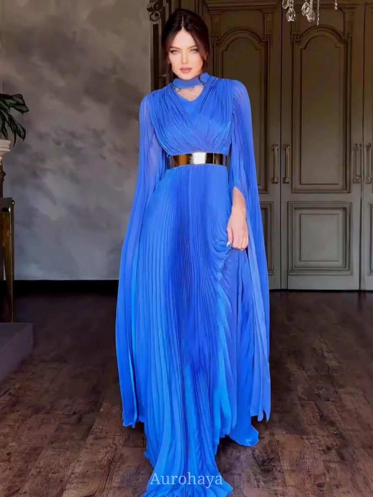 Aurohaya Solid Color Belt Slim Fit Dress Blue