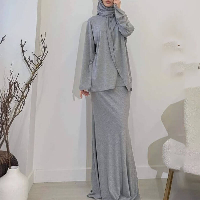 Solid Color Long Sleeve Dress 3pcs Set