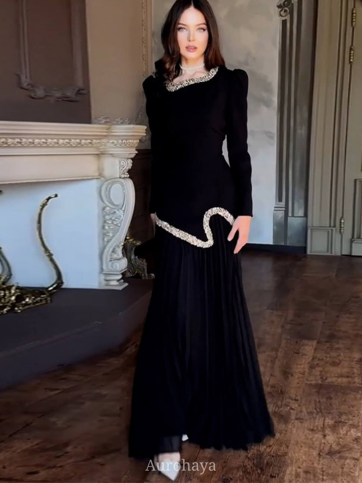 Diamond Trimmed Long Sleeve Maxi Dress, DES038